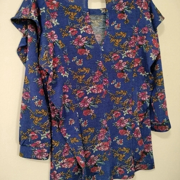 Free People Top Blue Floral Pattern Size Large Long Sleeves Ruffle Keyhole Back - Picture 8 of 9